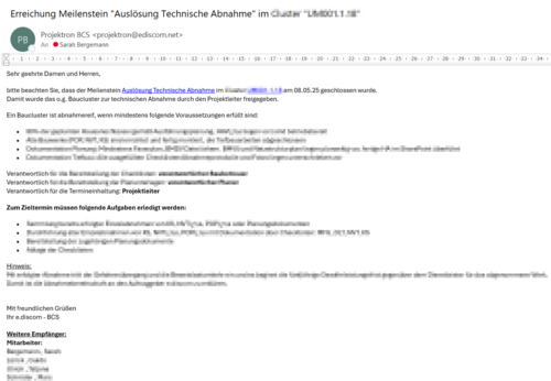 Screenshot einer automatisch generierten E-Mail aus Projektron BCS mit Informationen zum erreichten Projektmeilenstein