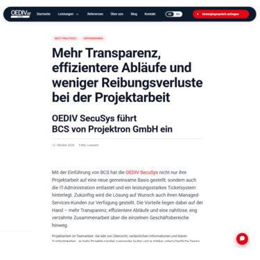 OEDIV SecuSys berichtet über die Einführung von BCS Screenshot des Artikels zur Einführung von BCS auf der Website von OEDIV SecuSys