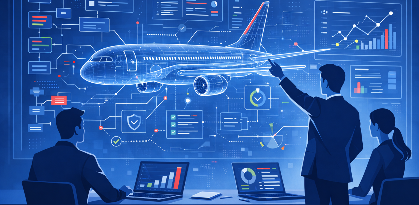 Complex Technology Projects Project team in front of laptops displaying project management diagrams and a symbolic representation of an aircraft, illustrating collaboration on an aerospace project.