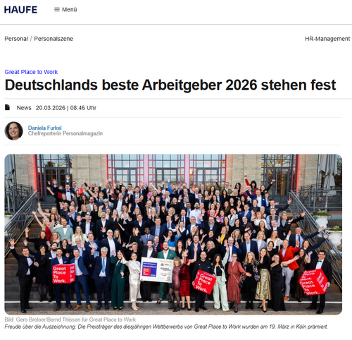 Haufe berichtet über die Auszeichnung „Deutschlands beste Arbeitgeber 2026“. Projektron erreicht Platz 2 in der Größenklasse 101–250 Mitarbeitende. (Screenshot von https://www.haufe.de/personal/personalszene/great-place-to-work-deutschlands-beste-arbeitgeber-2026_74_680216.html; zuletzt aufgerufen am 20.03.2026)