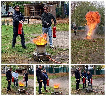Mitarbeiter von Projektron üben im Freien den Umgang mit Feuerlöschern während der Brandschutzhelferschulung.