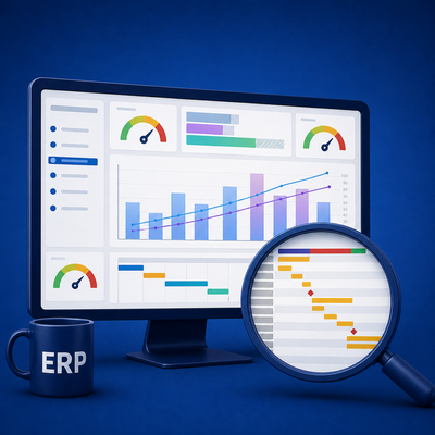 Abstract illustration of an ERP dashboard with a magnifying glass, symbolizing analysis, comparison, and informed software selection.