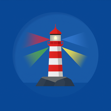 Leuchtturm in der Dämmerung, der vier unterschiedlich farbige Lichtstrahlen (Rot, Gelb, Grün, Blau) aussendet – Symbol für das DiSG®-Modell in der Führung.