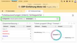 Screenshot der Ticketauswertung in BCS 25.4 mit aktiviertem Schlagwort-Filter zur themenübergreifenden Analyse von Tickets über mehrere Kunden und Projekte hinweg.