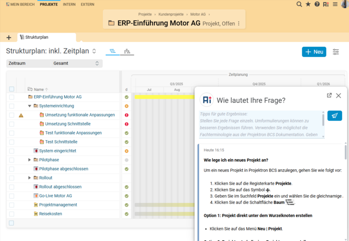 Grafik zur BCS KI-Hilfe mit Antworten, die auf der technischen Dokumentation von BCS basieren.