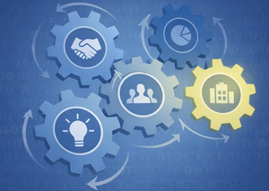 Ineinandergreifende Zahnräder stehen für Teams und Abteilungen, die gemeinsam wirken. Nicht zusätzliche Prozesse, sondern abgestimmte Zusammenarbeit bringt Bewegung ins System. Mehrere Zahnräder greifen ineinander, einige leicht versetzt, Pfeile zeigen Bewegung und verdeutlichen, dass abgestimmte Zusammenarbeit zwischen Teams wichtiger ist als zusätzliche Prozesse.