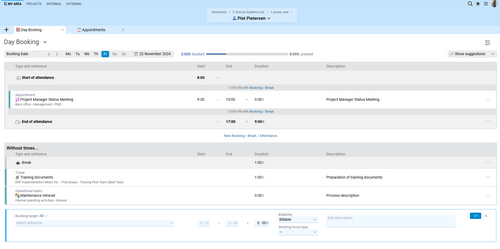For multiple activities on one day: The daily booking mask in Projektron BCS standard