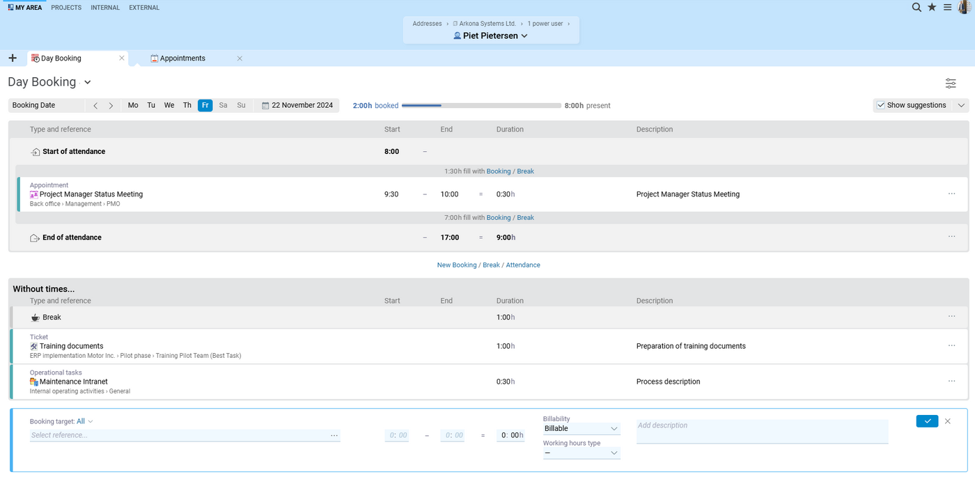 Efficient time tracking made easy: Day booking in BCS enables simple and project-related time tracking – individually and clearly. For multiple activities on one day: The daily booking mask in BCS standard