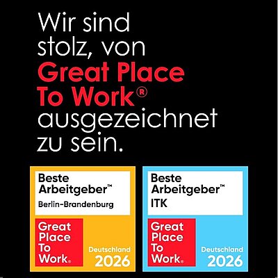 Projektron wurde 2026 im Wettbewerb von Great Place To Work® ausgezeichnet: Platz 1 „Beste Arbeitgeber in der ITK“ und Platz 2 „Beste Arbeitgeber in Berlin-Brandenburg“.