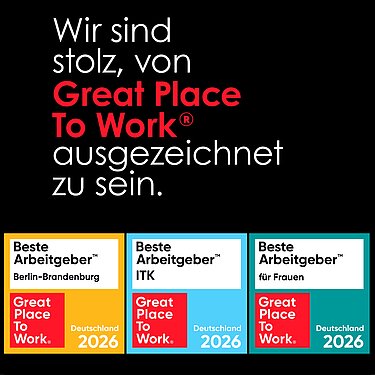 Auszeichnungen der Projektron GmbH im Great Place To Work® Wettbewerb 2026: Beste Arbeitgeber in der ITK, Berlin-Brandenburg und für Frauen.