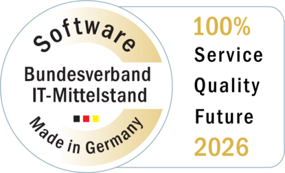 Software Made in Germany 2026 – BCS from Projektron Logo of the Software Made in Germany 2026 award from the German Federal Association of IT SMEs – awarded to BCS from Projektron for service, quality, and future potential.