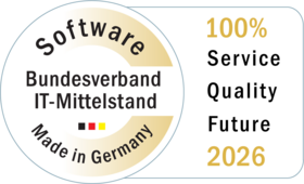 Logo of the Software Made in Germany 2026 award from the German Federal Association of IT SMEs – awarded to BCS from Projektron for service, quality, and future potential.