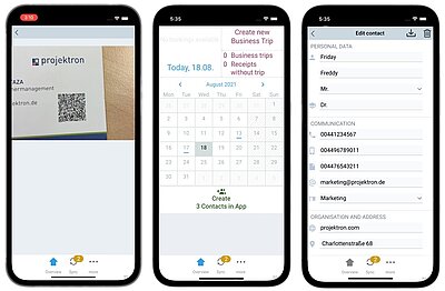 Contact data capture and import via Projektron app