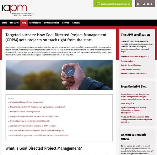 Screenshot of the article “Targeted for success: How Goal Directed Project Management (GDPM) gets projects on track right from the start” on the website of the IAPM International Association of Project Managers. The article was written by Kai Sulkowski from Projektron GmbH.