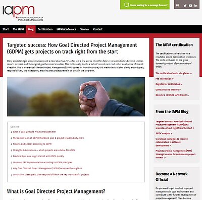 Screenshot of the article “Targeted for success: How Goal Directed Project Management (GDPM) gets projects on track right from the start” on the website of the IAPM International Association of Project Managers. The article was written by Kai Sulkowski from Projektron GmbH.