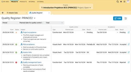 PRINCE2 quality register in Projektron BCS