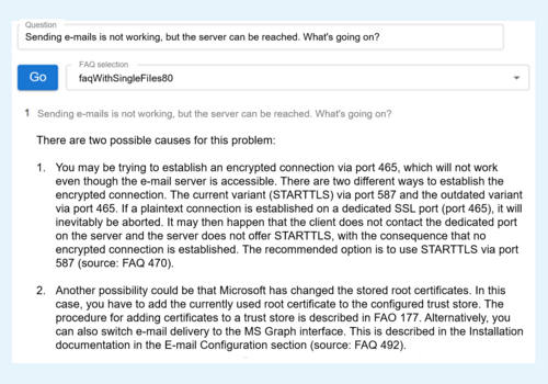 Screenshot of a user question answered with information from two FAQs, including the source reference at the end of the text.