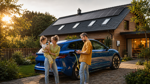 ADLER Solar verbindet Photovoltaik, Speicher, Ladeinfrastruktur und Wärmepumpen zu ganzheitlichen Energielösungen – BCS unterstützt die strukturierte Abwicklung vom Angebot bis zur Umsetzung. Familie vor einem modernen Einfamilienhaus mit Photovoltaikanlage auf dem Dach und Elektroauto an der Ladesäule; die Szene veranschaulicht ganzheitliche Energielösungen von ADLER Solar.