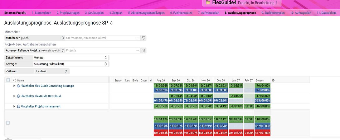 Screenshot der BCS-Auslastungsprognose mit Platzhaltern und monatlicher Auslastung innerhalb einer Projektvorlage.