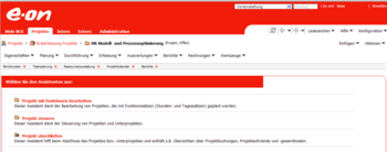 Screenshot des BCS Projektassistenten im roten Corporate Design von EON Customizing innerhalb der Projektmanagementsoftware BCS. Die Benutzeroberfläche zeigt die strukturierte Projektanlage und benutzerdefinierte Anpassungen im Corporate Design. Screenshot des BCS Projektassistenten im roten Corporate Design von EON Customizing in der Projektmanagementsoftware BCS.