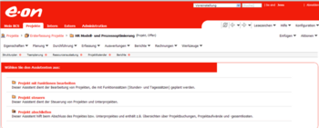 Screenshot des BCS Projektassistenten im roten Corporate Design von EON Customizing in der Projektmanagementsoftware BCS.