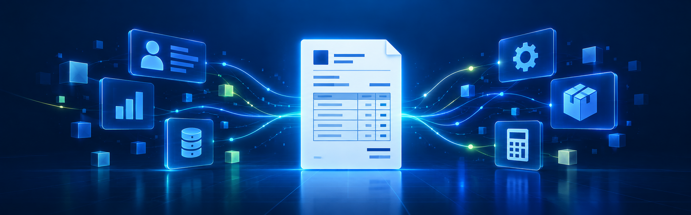 Panoramic illustration of quote creation with BCS, with a digital quote in the center receiving customer, project, calculation, and service data from both sides.