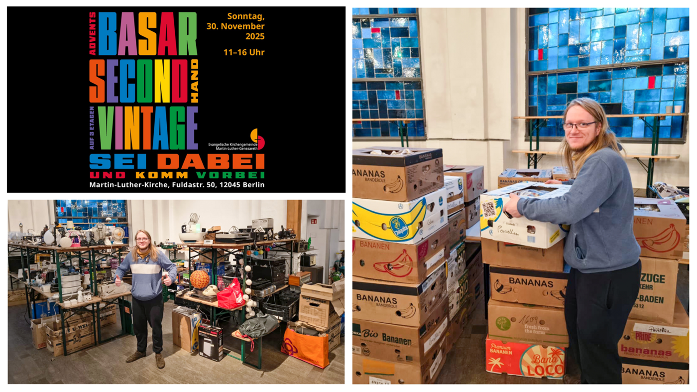 Collage of a Projektron employee helping to set up an Advent and charity bazaar.