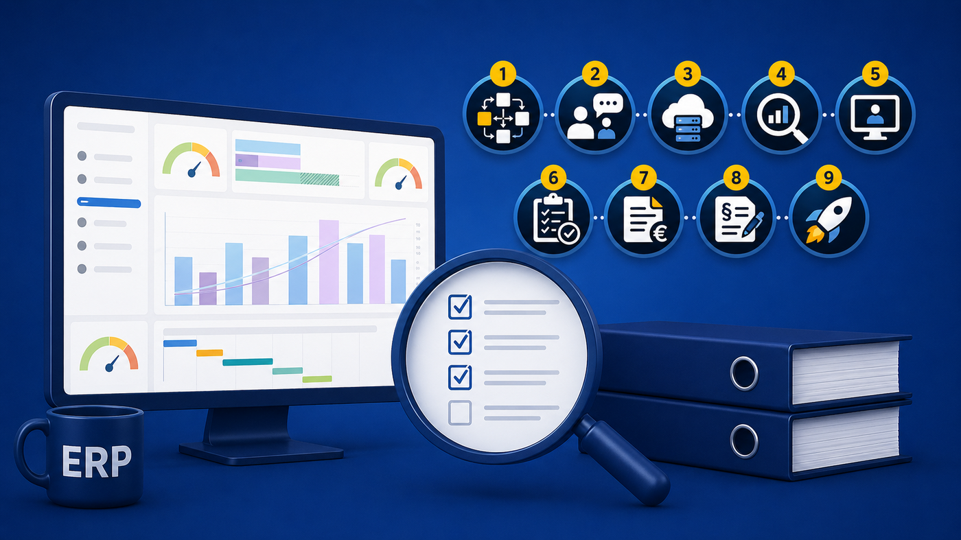 Die Grafik zeigt einen strukturierten Auswahlprozess für ERP-Systeme: von Prozessanalyse und Anforderungen bis Praxistest, Vertrag und Einführung. Infografik mit neun nummerierten Schritten zur ERP-Auswahl für Dienstleister, ergänzt durch Symbole, Laptop und Büroelemente.
