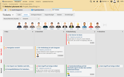 Kanban-Board-Ansicht des Ticketsystems in Projektron BCS.