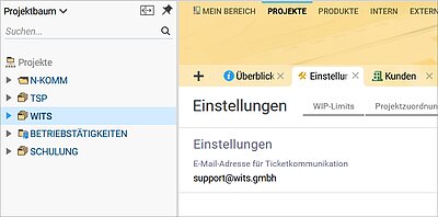 Configuración de un grupo de proyectos en BCS con un árbol para n-komm, T.S.P. y WITS y la dirección support@wits.gmbh para la comunicación de tickets