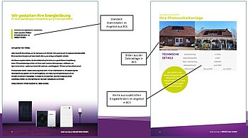 Kundendaten, Bilder und technische Informationen werden automatisiert aus BCS in die Angebotsunterlagen übernommen. Mehrere Seiten einer ADLER-Solar-Angebotsunterlage zeigen Kundendaten, Bilder einer Photovoltaikanlage und technische Details; die Inhalte werden automatisiert aus strukturierten BCS-Daten übernommen.