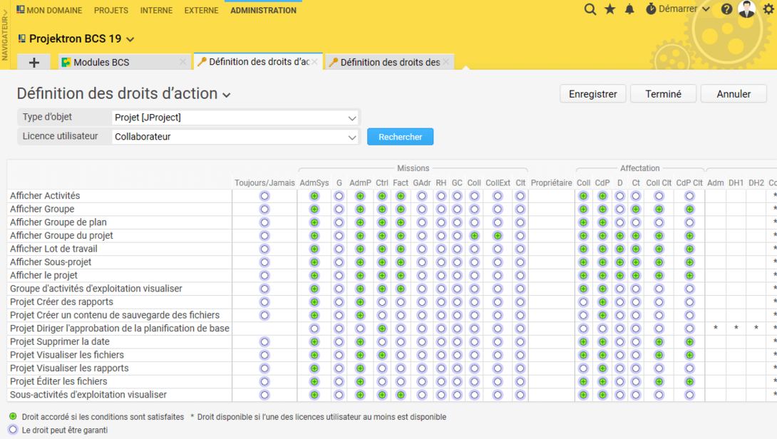 Dans la matrice de droits de Projektron BCS vous pouvez adapter les droits en quelques clics de souris