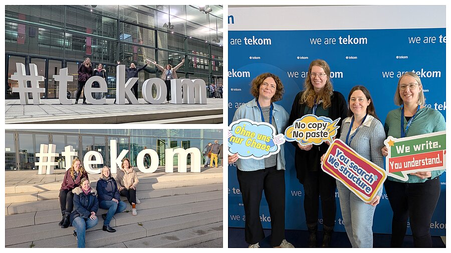 Collage mit vier Mitarbeiterinnen des Doku-Teams während ihres Besuchs auf der tekom-Jahrestagung 2025 in Stuttgart; die Bilder zeigen sie gut gelaunt auf der Fachkonferenz und beim gemeinsamen Teamausflug.