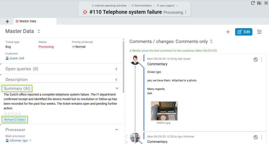 Screenshot of the AI-generated ticket summary in Projektron BCS 25.3 showing a compact overview of ticket content, progress, and history.