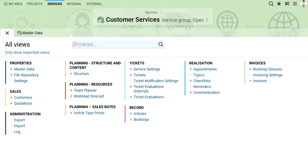 Services workspace in BCS showing views for service customers, tickets, resource planning, time tracking, workflows, and invoices.