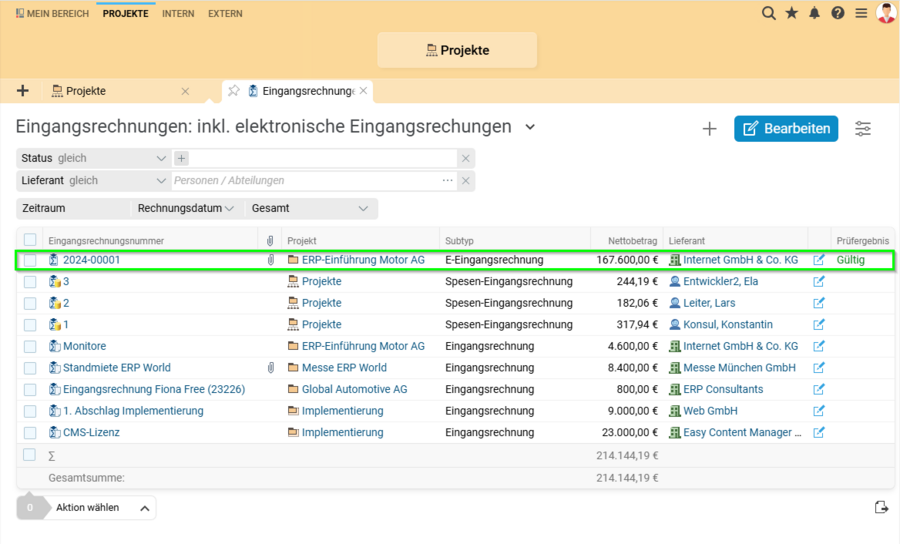 Screenshot der Eingangsrechnungsübersicht in Projektron BCS 24.4