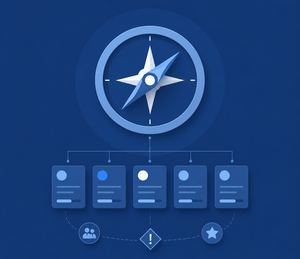 Illustration eines blauen Kompasses über mehreren Projektkarten als Symbol für PMO-Software, Projektportfoliomanagement, Ressourcensteuerung und datenbasierte Projektentscheidungen.