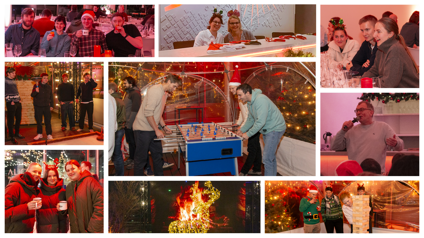 Games, conversations, and good cheer: The Projektron Christmas party 2025 provided an opportunity for exchange, fun, and dancing. Collage with scenes from the Projektron Christmas party 2025: Employees eating, playing games such as curling, and dancing in a festive setting.