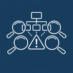 Icon mit Organisationsstruktur und Lupe als Symbol für operative Detailkontrolle statt klarer strategischer Leitplanken. Icon mit Organisationsstruktur und Lupe als Symbol für operative Detailkontrolle statt klarer strategischer Leitplanken.