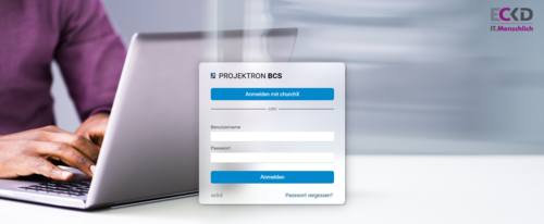 Pantalla de inicio de sesión del software de gestión de proyectos BCS, diseñada individualmente con el diseño corporativo de ECKD.