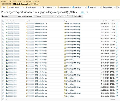 BCS Screenshot zeigt Buchungsauswertung nach Aufgabenclustern. 