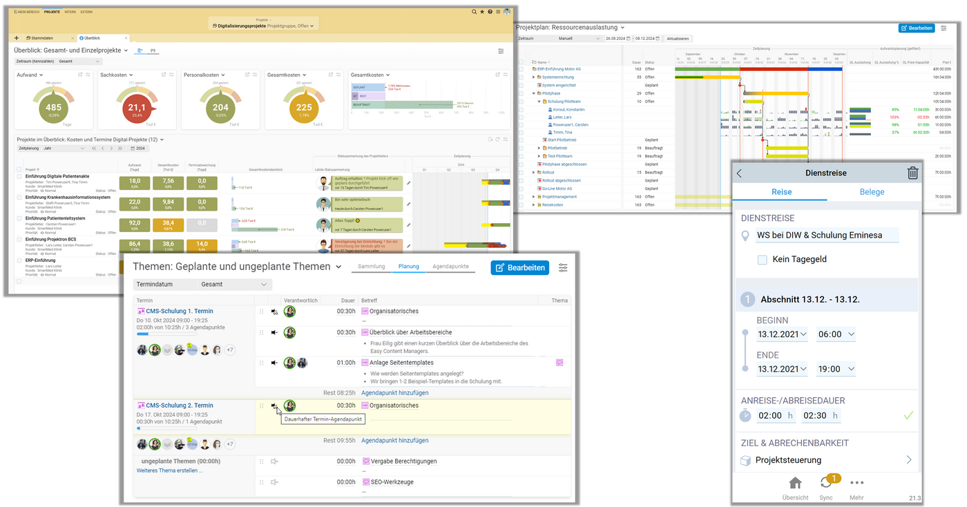 Ob Projektmanagement, Zeiterfassung oder Rechnungsstellung: Projektron BCS vereint alle zentralen ERP-Funktionen in einem System – für mehr Effizienz, Transparenz und Kontrolle im Projektgeschäft. Screenshot-Collage mit zentralen Funktionen der ERP-Software Projektron BCS: Projektübersicht, Zeiterfassung, Rechnungsmodul und Ressourcenplanung in einem System für Dienstleister.