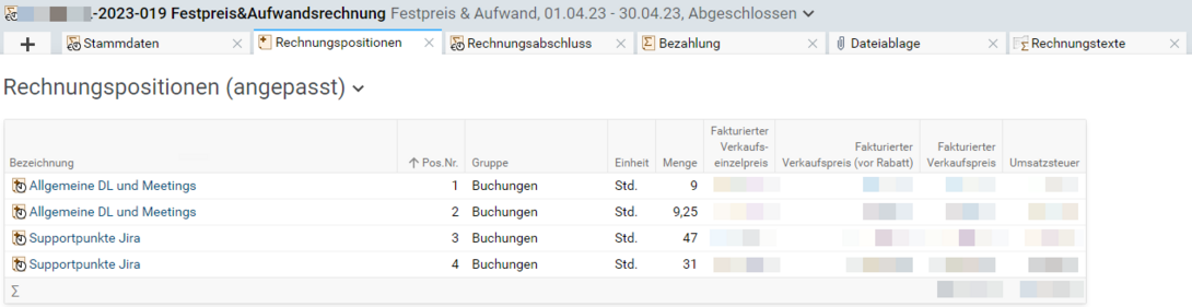 Projektron BCS screenshot shows invoicing.