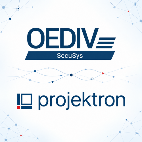 The OEDIV SecuSys and Projektron logos on a light background with subtle network lines. The image represents their successful collaboration in managing cybersecurity projects and IT services with BCS.