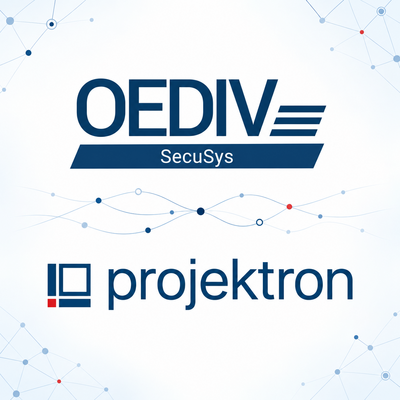 The OEDIV SecuSys and Projektron logos on a light background with subtle network lines. The image represents their successful collaboration in managing cybersecurity projects and IT services with BCS.