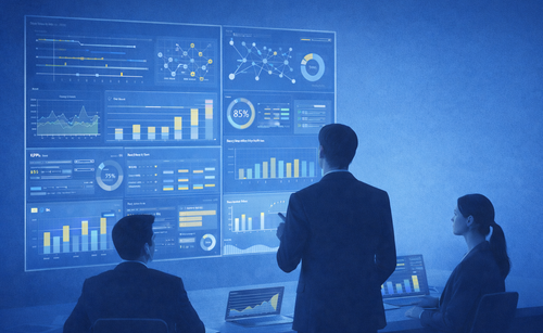 Manager analysieren Daten auf großen Dashboards mit KI-Visualisierung im Hintergrund