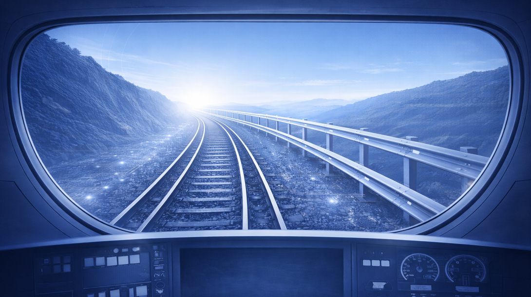 Blick aus einem Zugcockpit auf Schienen, die durch eine Berglandschaft in Richtung Horizont führen, als Symbol für strategische Projektsteuerung und klare Governance-Leitplanken.