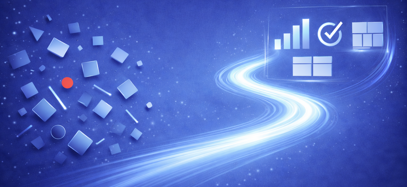 Abstract visualization of data transforming into structured metrics and measurable digital ROI, represented by charts and connected elements