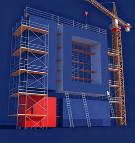 Kontinuierlicher Aufbau: Projektron BCS wächst mit Nutzerfeedback Illustration eines Baukrans, der Bausteine an das Projektron-Logo anfügt; symbolisiert den stetigen Ausbau und die Weiterentwicklung von Projektron BCS.