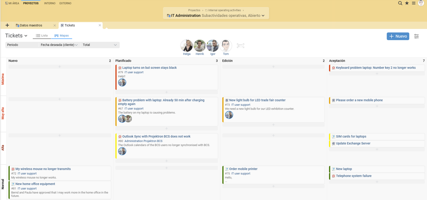 Projektron BCS como software Kanban: Tickets con diferentes prioridades y estados de procesamiento.